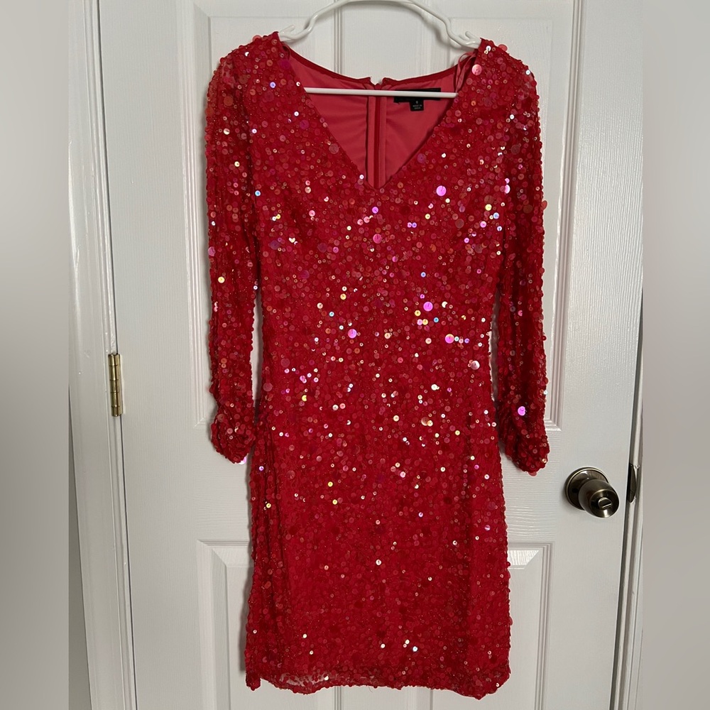Aidan Mattox Vibrant Red Sequin Long Sleeve Dress